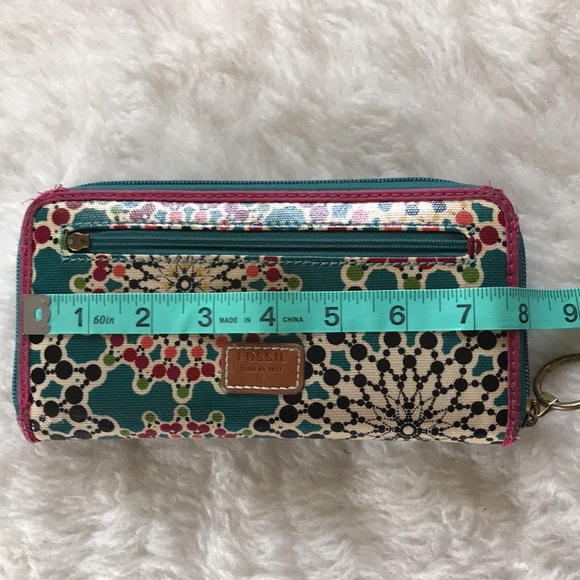 FOSSIL zip around coated canvas wallet teal pink - Picture 13 of 14